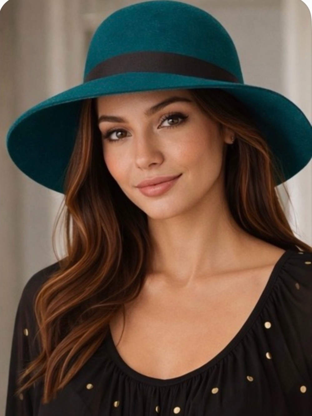 Teal Wide-Brim Wool Felt Fedora Hat with Contrast Band